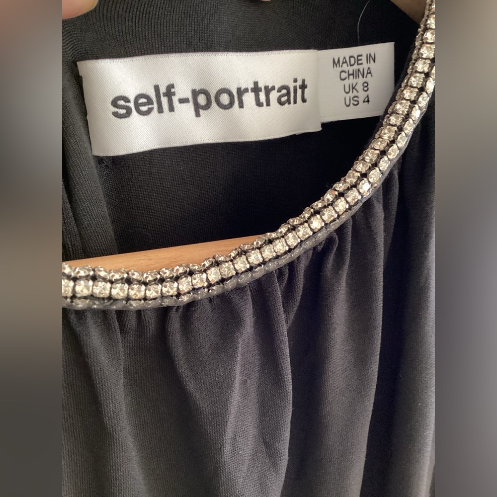 SELF-PORTRAIT Long Sleeve Cut-Out Rhinestone Black Jersey Midi Dress - Picture 5 of 10